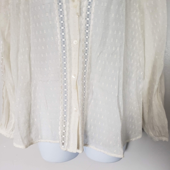 Sandro Women's 2 Ivory Long Sleeve Button Up Blouse Metallic Gold Silk Blend Top - Picture 10 of 11
